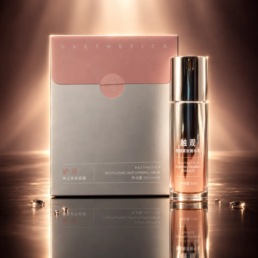 Asethetica face mask box and serum bottle on a glossy black surface